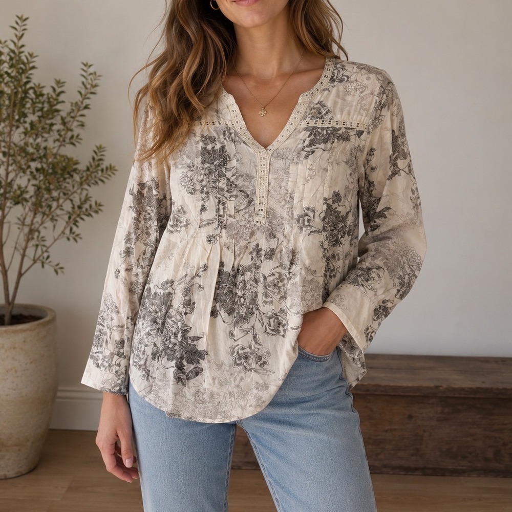 Vintage America Blues Floral Boho Lace Trim Rayon Blouse Cream Charcoal Large bb